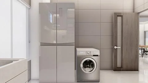 Interior design of small compact kitchen with false ceiling 3d visualization Stock Illustration