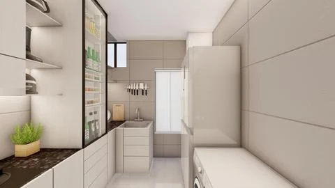 Interior design of small compact kitchen with false ceiling 3d visualization Stock Illustration