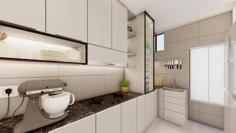 Interior design of small compact kitchen with false ceiling 3d visualization Illustrazione stock