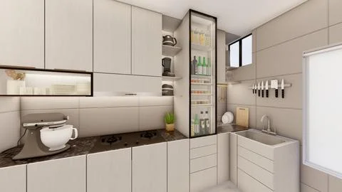 Interior design of small compact kitchen with false ceiling 3d visualization Stock Illustration