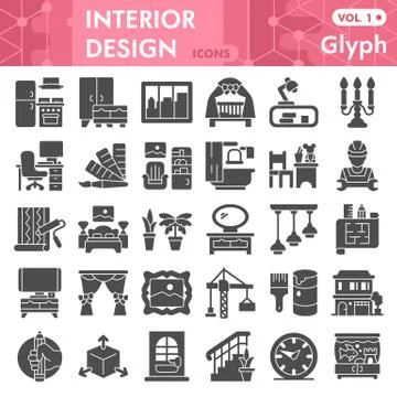 Interior design solid icon set, room decor symbols collection or sketches Stock Illustration