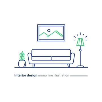 Interior design solution, living room sofa, long couch, lounge zone Ilustración de archivo