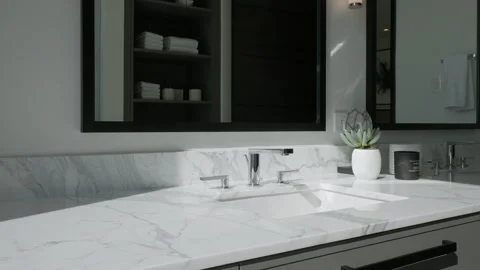 Interior design of spacious bathroom with double sink for couple equipped with Stock Footage 265201344