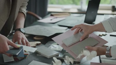 Interior design studio. Designers with architects and clients select solutions Stock Footage 199580027