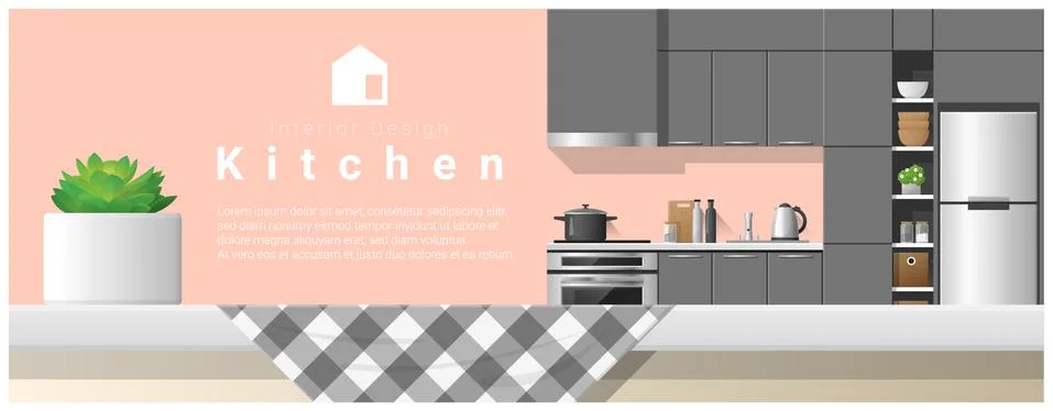 Interior design with table top and Modern kitchen background Stock Illustration