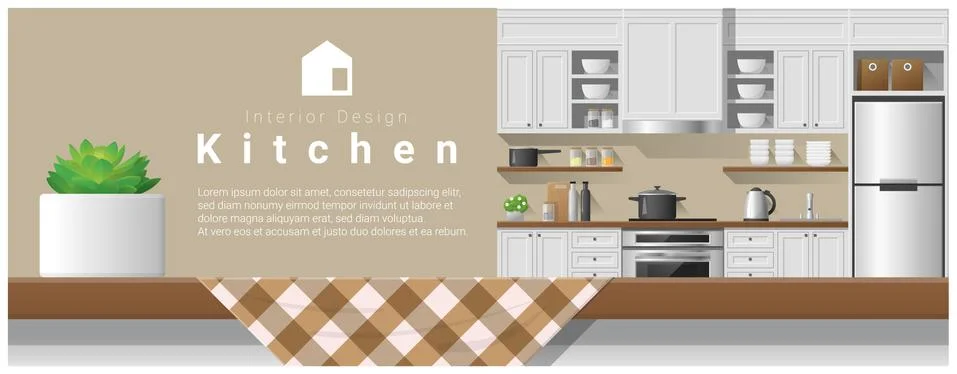 Interior design with table top and Modern kitchen background Stock Illustration