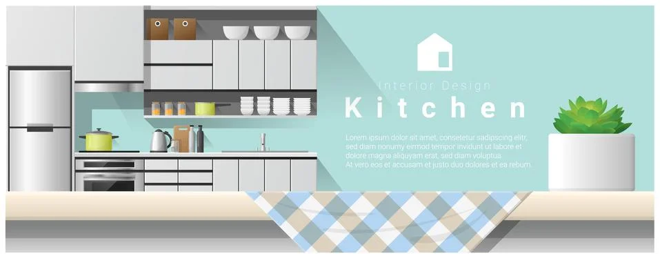 Interior design with table top and Modern kitchen background Stock Illustration
