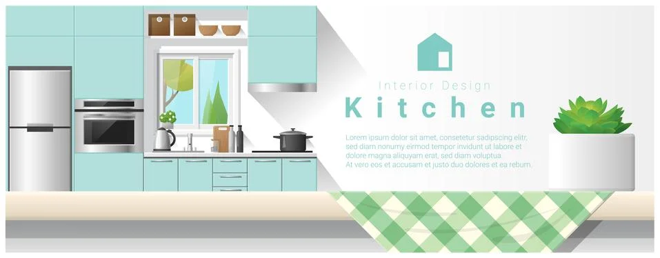 Interior design with table top and Modern kitchen background Stock Illustration
