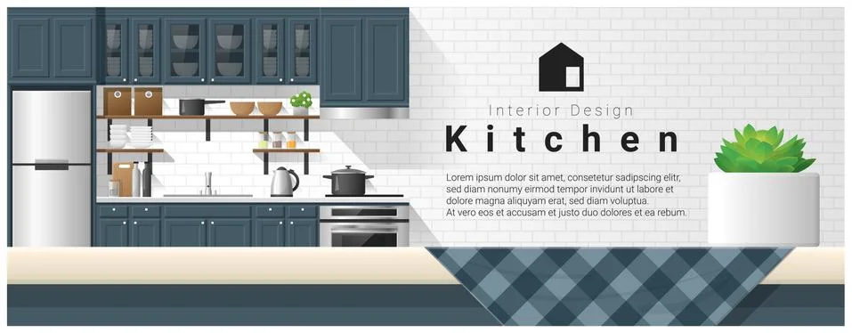 Interior design with table top and Modern kitchen background Stockillustratie