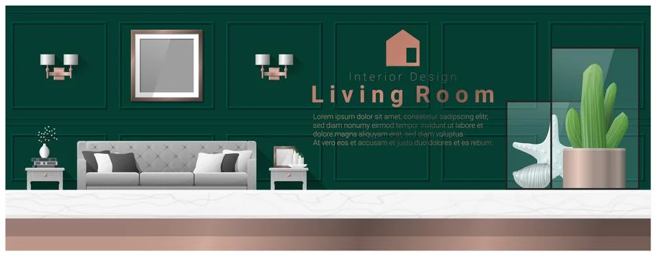 Interior design with table top and Modern living room background Illustrazione stock