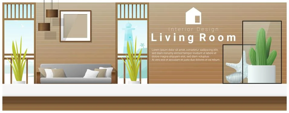 Interior design with table top and Modern living room background Stock Illustration