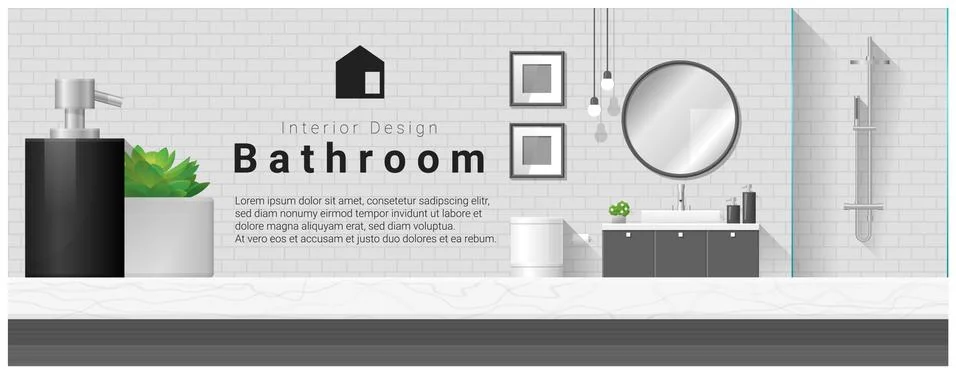 Interior design with table top and Modern bathroom background Illustrazione stock