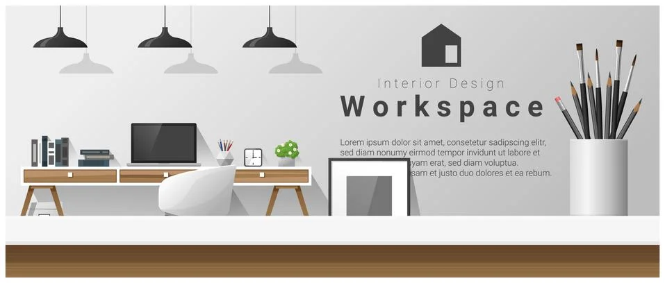 Interior design with table top and Modern office workplace background Stock Illustration