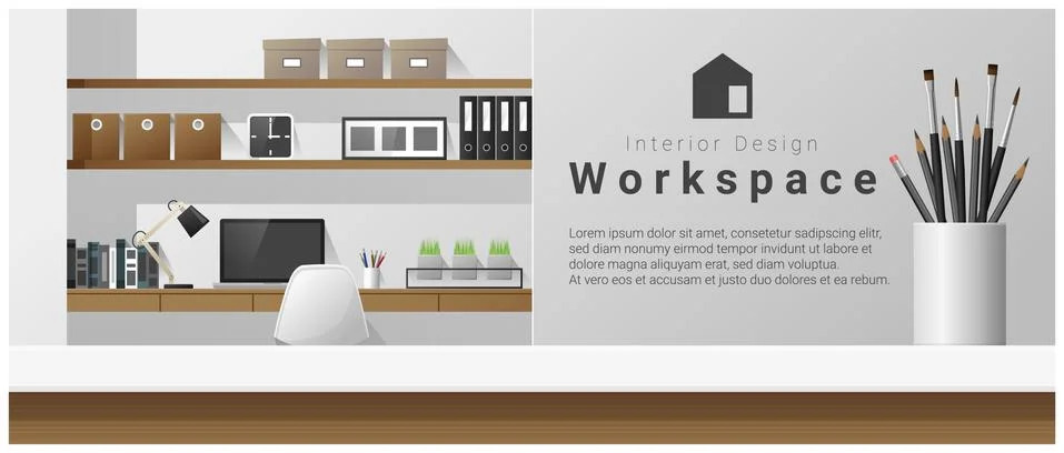 Interior design with table top and Modern office workplace background Stock Illustration