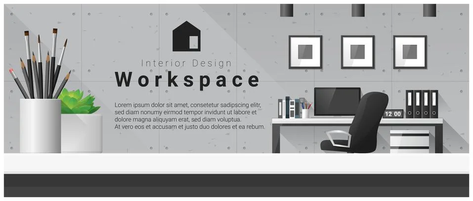 Interior design with table top and Modern office workplace background Stock Illustration