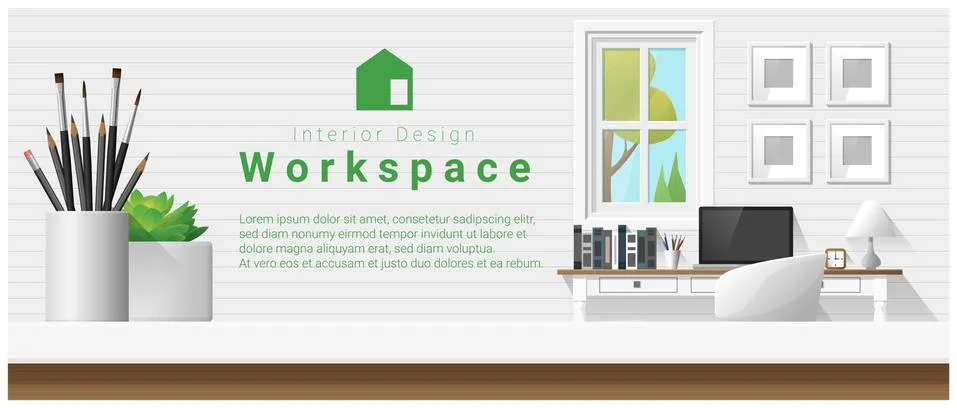 Interior design with table top and Modern office workplace background Stock Illustration
