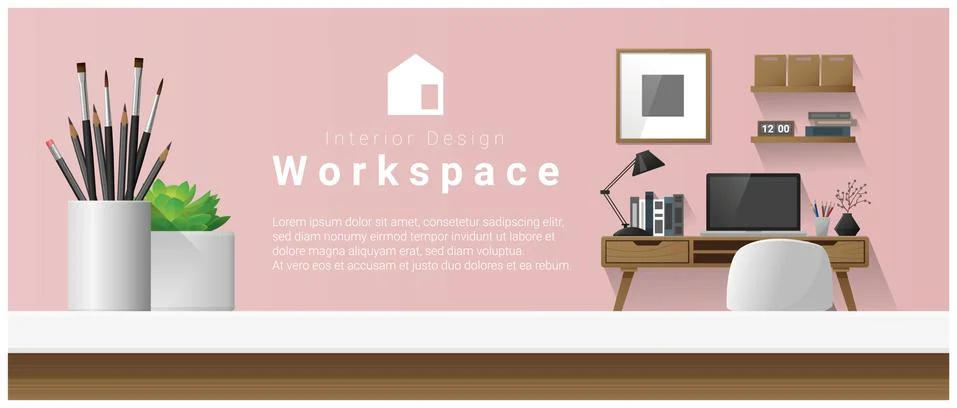 Interior design with table top and Modern office workplace background Stock Illustration