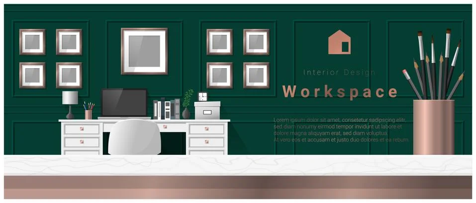 Interior design with table top and Modern office workplace background Stock Illustration