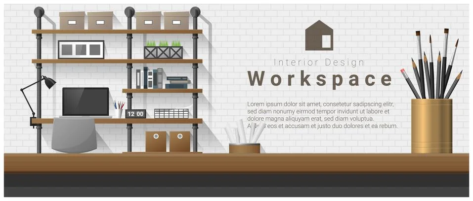 Interior design with table top and Modern office workplace background Stock Illustration