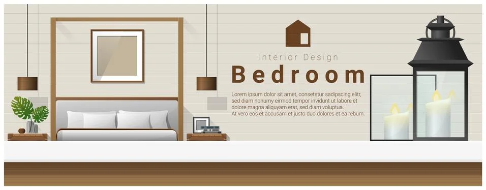 Interior design with table top and Modern bedroom background Illustrazione stock