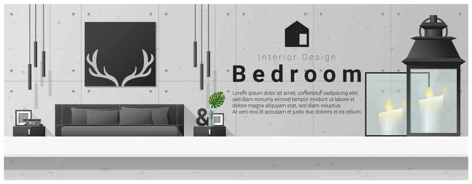 Interior design with table top and Modern bedroom background Illustrazione stock