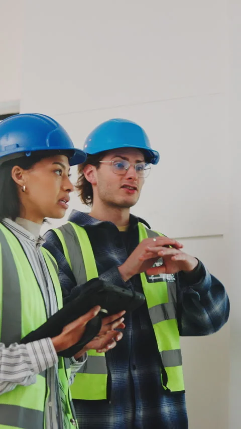 Interior design, team or site inspection with tablet for spatial plan, track Stock Footage 343843896
