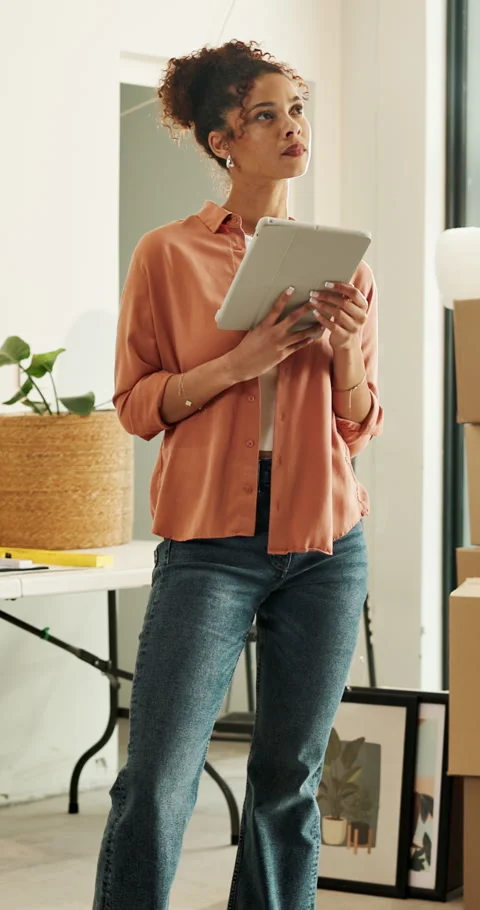 Interior design, thinking or woman in home with tablet, decor ideas or digital Stock Footage 336838073