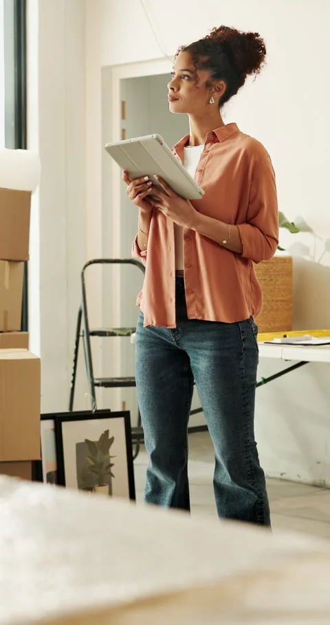 Interior design, thinking or woman in home with tablet, decor ideas or digital Stock Footage 336838148