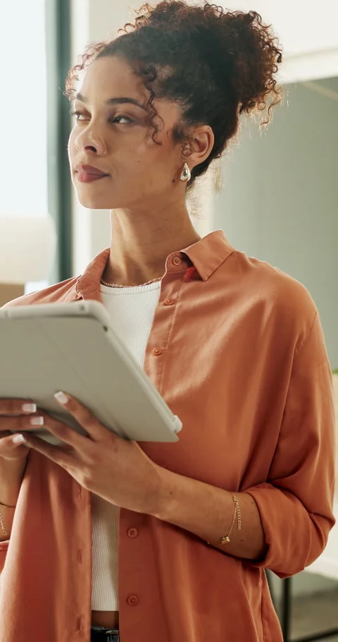 Interior design, thinking or woman in house with tablet, decor ideas or digital Stock Footage 336842373