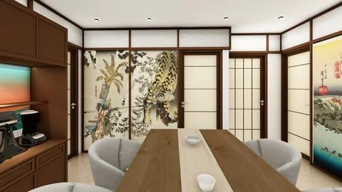 Interior Design of a wabi sabi dining space with shoji screens and kumiko Illustrazione stock