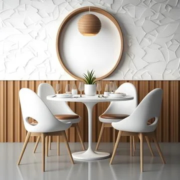 Interior design with wooden round table and chairs. Modern dining room with.. Stock Illustration