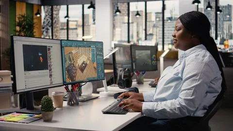 Interior designer, architectural software, remodeling layout on computer 스톡 사진