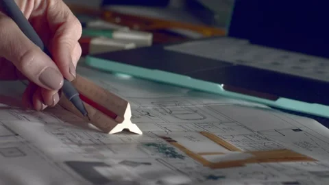 Interior designer marking up project blueprints with design adjustments Stock Footage 227274582
