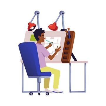 Interior designer or architect making a blueprint of building, flat cartoon v Ilustración de archivo