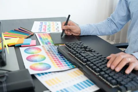 Interior designer or creative graphic designer working on project architect.. Stock Photos