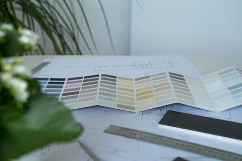 The interior designer selects wall paint samples. Designer at work. Architect Stock Photos