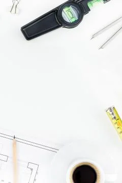 Interior designer table workplace with house plan Stock Photos