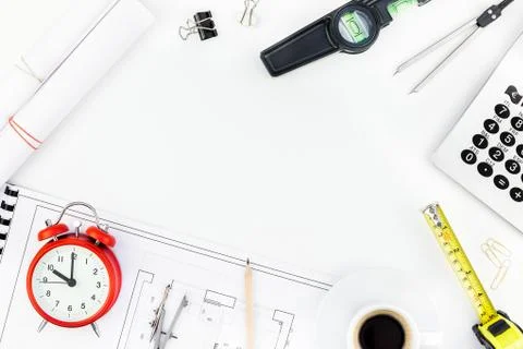 Interior designer table workplace with house plan Stock Photos