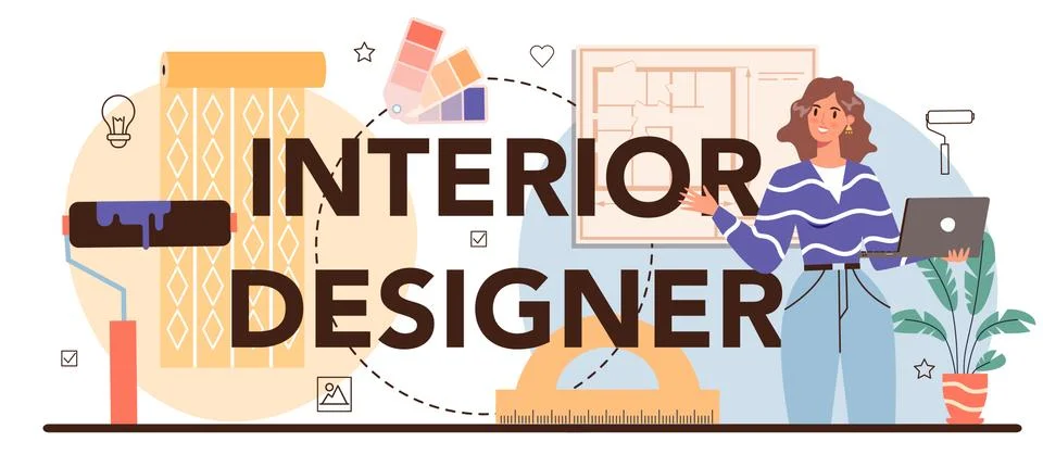 Interior designer typographic header. Decorator planning the design of a room Stock Illustration