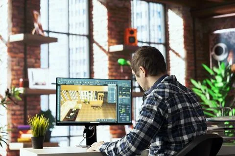 Interior designer uses assets from 3D modeling application digital library Foto stock