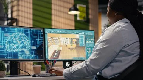 Interior designer using AI neural networks for 3D apartment layout Stock Photos