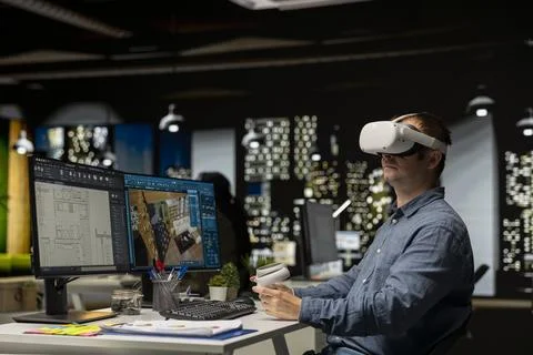 Interior designer using virtual reality headset to create a floor plan Stock Photos