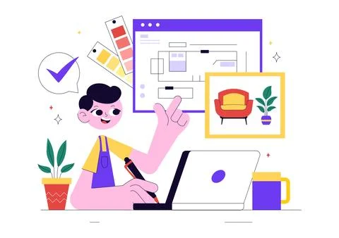 Interior Designer Vector Illustration Featuring a Professional Decorator Pl.. Illustrazione stock