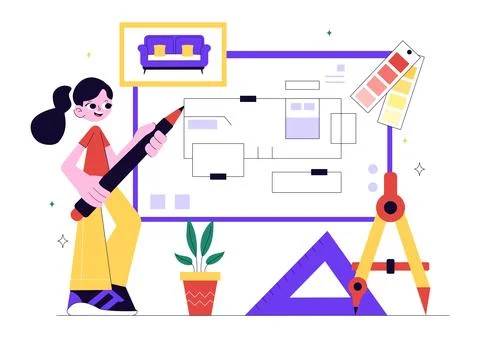 Interior Designer Vector Illustration Featuring a Professional Decorator Pl.. Illustrazione stock