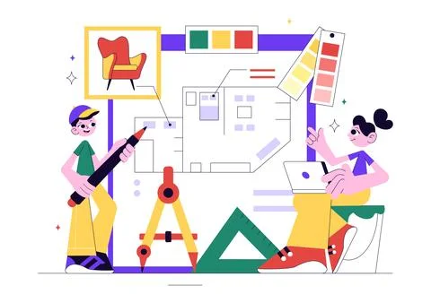 Interior Designer Vector Illustration Featuring a Professional Decorator Pl.. Illustrazione stock