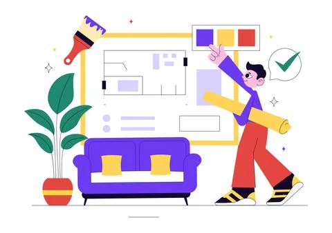 Interior Designer Vector Illustration Featuring a Professional Decorator Pl.. Illustrazione stock