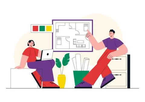 Interior Designer Vector Illustration Featuring Home Design Planning, Archi.. Stock Illustration