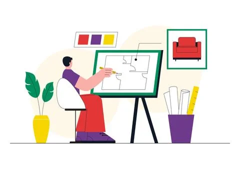 Interior Designer Vector Illustration Featuring Home Design Planning, Archi.. Stock Illustration