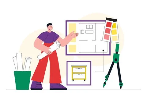Interior Designer Vector Illustration Featuring Home Design Planning, Archi.. Stock Illustration
