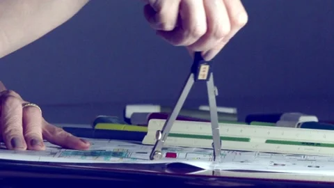 An interior designer works on a plan and draws a circle with a drawing Stock Footage 226892892
